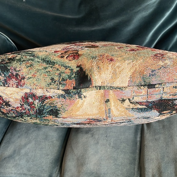 Vintage Tapestry Accent Throw Pillow Victorian Sail Boats Nautical - Picture 9 of 10